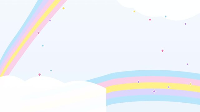 Pastel colored rainbow background with fluffy white clouds and confetti elements.