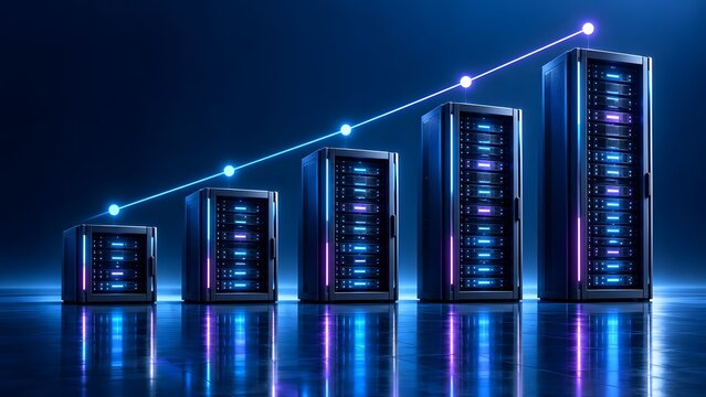 Scaling data center server racks with upward trending growth line demonstrating cloud storage expansion and technology infrastructure investment