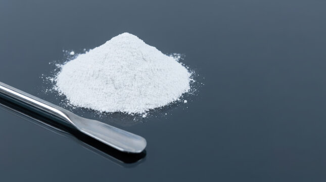 White pharmaceutical drug powder with metal scoop suggesting laboratory discovery and controlled substance analysis on dark surface