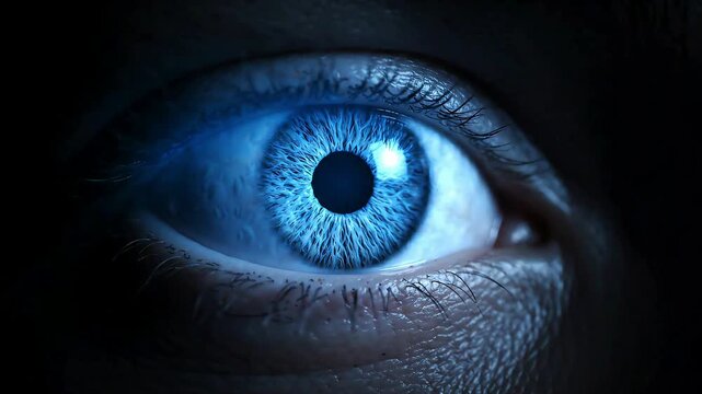 Extreme macro close up shot of vibrant glowing blue human eye blinking once then moving eyeball pupil in dark room. 