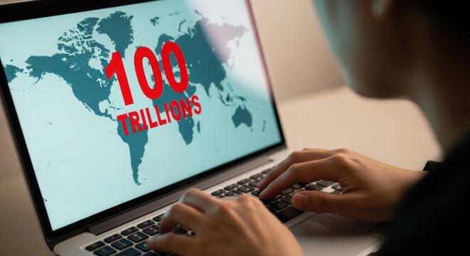 Global Debt Levels Concepts. Person using laptop displaying world map with large red text showing one hundred trillions economic or financial concept illustration