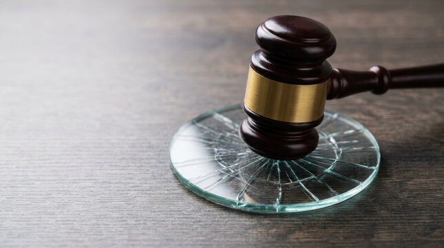 Legal gavel glass broken justice wood court damage legal gavel on broken glass shows justice impact with healthcare innovation spending debate