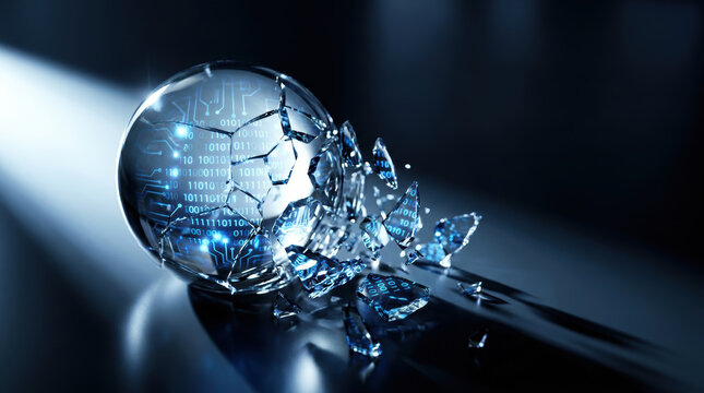 Glass sphere shattered glass technology cyber security data reflection dark background blue light tech and antitrust symbolism express digital