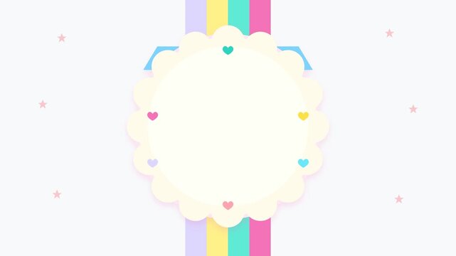 Cute pastel background with a scalloped frame and colorful hearts for design.