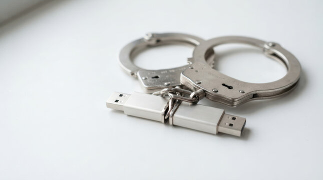 Handcuff handcuffs USB drive tech antitrust security device expresses concern about digital privacy and corporate control on white surface