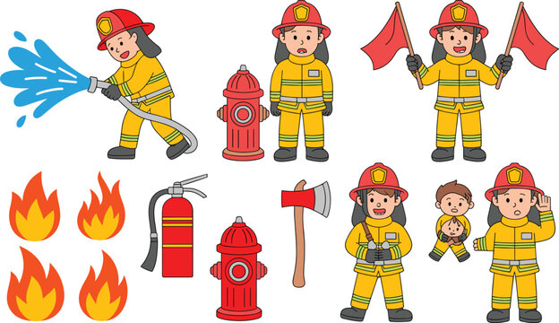 Firefighter Character Vector Set with Female Firefighter Spraying Water Hose, Hydrant, Extinguisher, Flames, Axe, and Rescued Child
