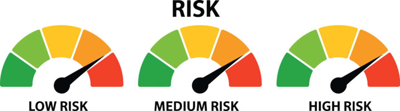 Risk Gauge Icon, Representing Low Medium High Levels, risk assessment symbol for business safety analysis monitoring measurement control warning evaluation