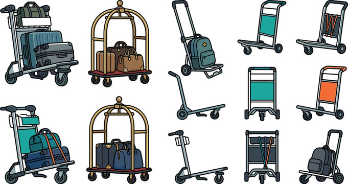 Luggage Trolleys Typology and Hotel Bellman Cart Baggage Vector Set