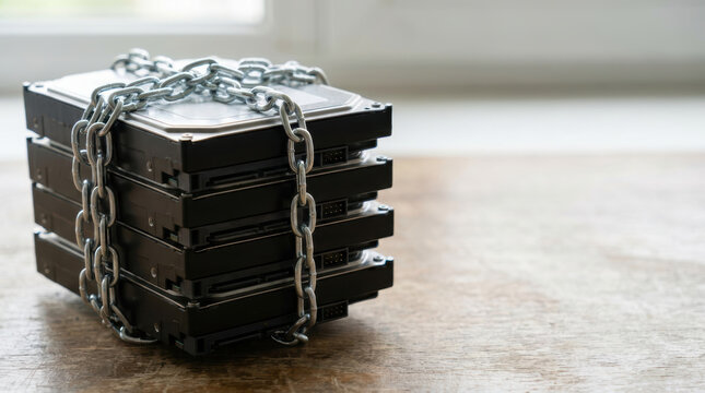 Stacked hard drive secured with chain suggests tech hardware protection and antitrust concerns in digital workspace