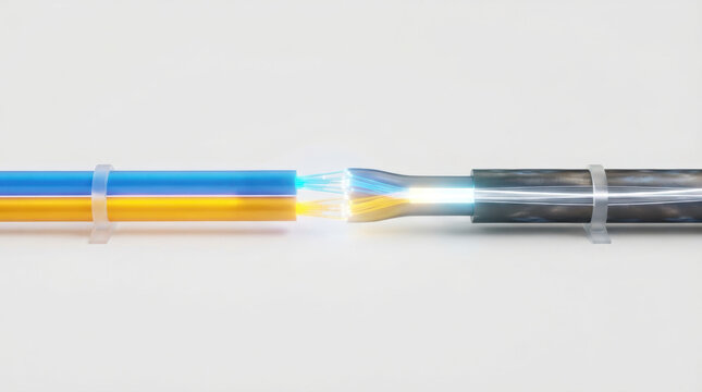 Fiber optic cable optical splice tech connection with antitrust concept and glowing light