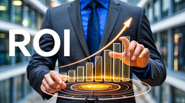 Businessman presenting rising roi chart with digital interface for investment and financial growth concept