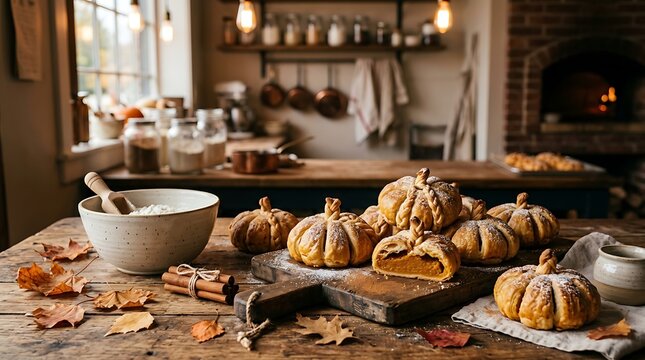 Freshly baked pumpkin shaped pastries on wooden board in rustic kitchen.