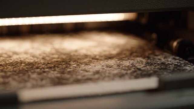 Professional laser printer outputting a document with black ink texture, close-up of the paper feed mechanism.