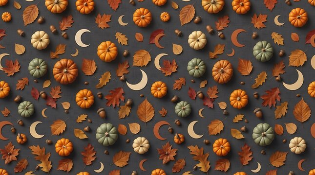 Fall seamless pattern with pumpkins acorns and leaves on dark background.
