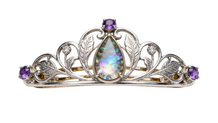 Ornate silver tiara with pear-shaped iridescent gemstone and amethyst accents, isolated on transparent background © JOSEPH