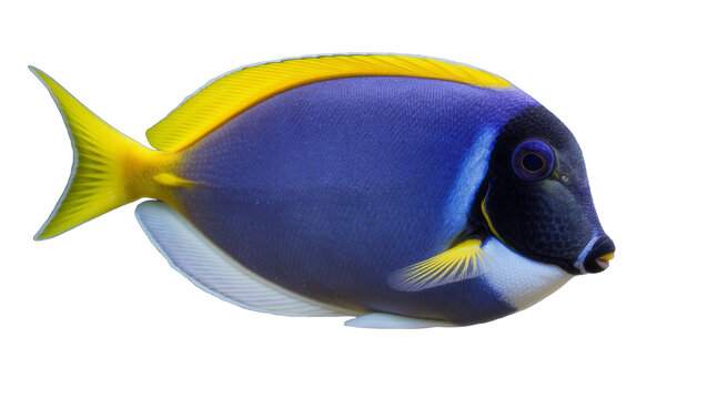Vibrant blue and yellow surgeonfish detailed profile, isolated on transparent background