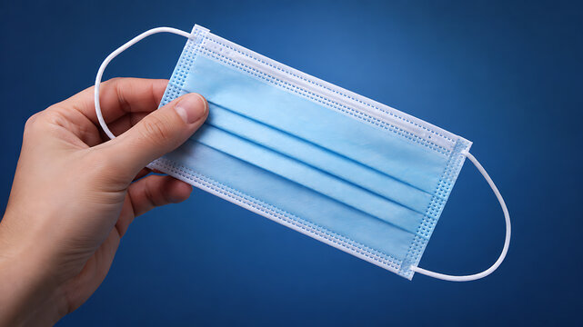 Hand Holding Blue Surgical Face Mask Against Blue Background