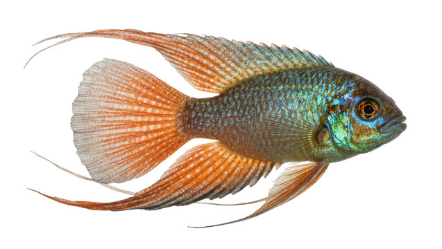 Vibrant blue and green cichlid fish with orange fins, isolated on transparent background