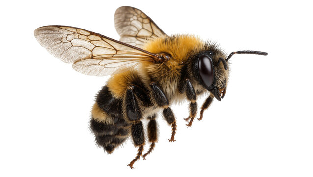Fuzzy bumblebee with striped abdomen and transparent wings, isolated on transparent background