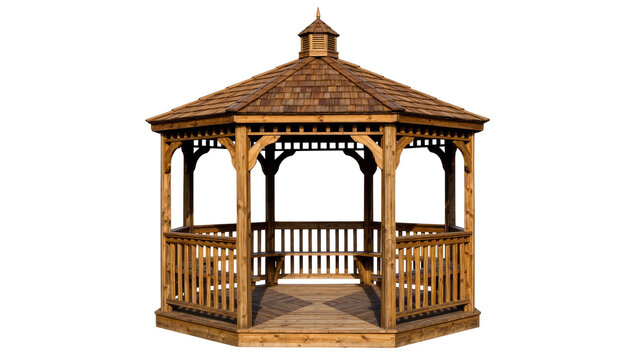 Wooden octagonal gazebo with shingled roof and railings, isolated on transparent background