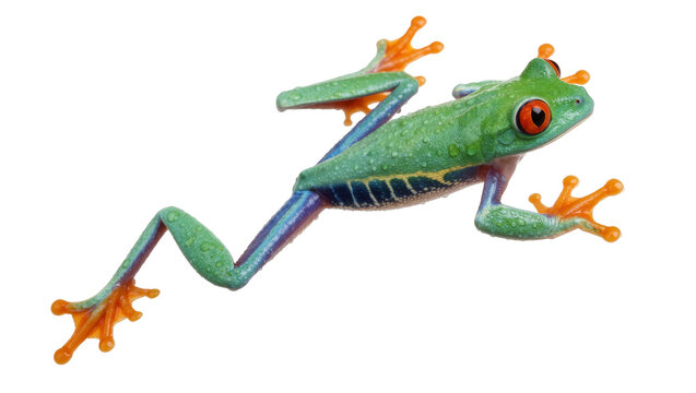 Vibrant green red-eyed tree frog with orange toes, isolated on transparent background