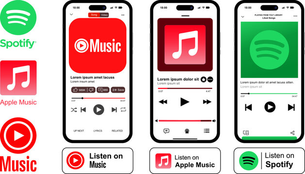 Spotify YouTube Music and Apple Music player screens on mobile smartphones, modern audio streaming service mockups, official music brand badges