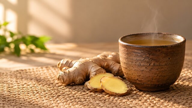 Hot ginger infusion in rustic clay cup with fresh ginger root