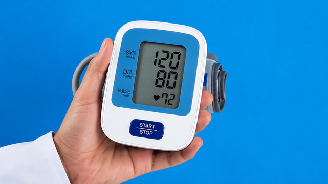 Hand holding digital blood pressure monitor showing normal reading on blue background