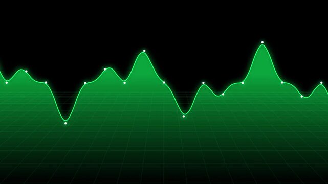 Digital green wave graph on a grid background, financial data visualization, stock market analysis, technology concept