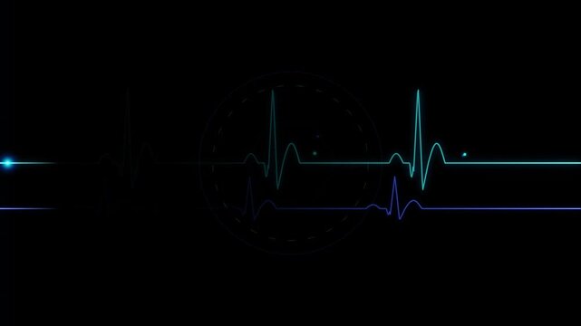 Digital heartbeat monitor animation with glowing blue ekg lines on a black background, representing medical technology and vital signs tracking