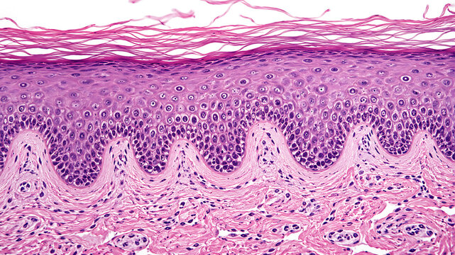Microscopic human skin tissue showing epidermal layers and dermal structures in pink histology section