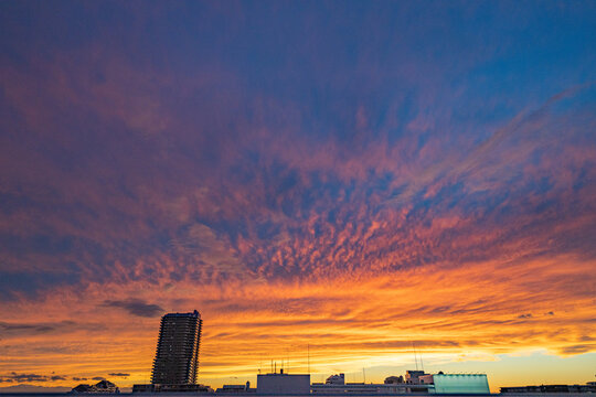 Dramatic orange and purple sunset above a coastal Japanese city skyline
