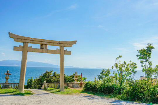 Stone torii gate of Iwatsuhime Shrine overlooking the Seto Inland Sea in Ako Hyogo Japan