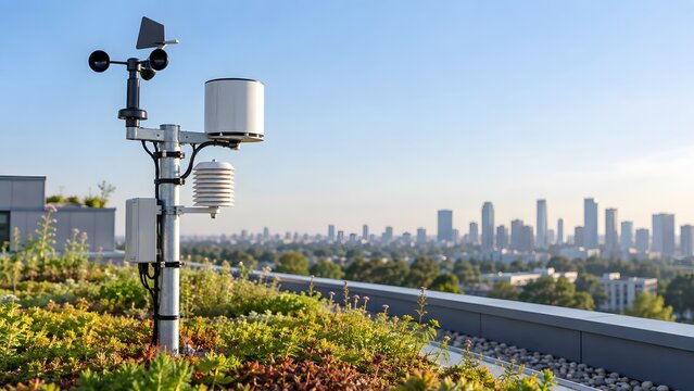 Weather monitoring station installed on a green rooftop in the city
