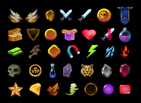 Fantasy RPG game icon collection featuring weapons, wings, shields, potions, gems, elemental powers, treasure, magic symbols, and colorful UI assets isolated on a black background.