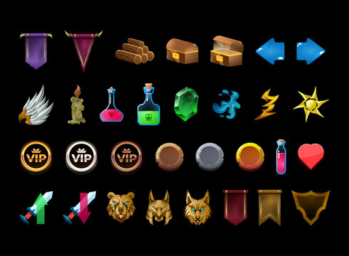 Fantasy RPG game asset icon set featuring banners, treasure chests, potions, gems, elemental effects, VIP badges, weapons, animal emblems, shields, and interface resources.