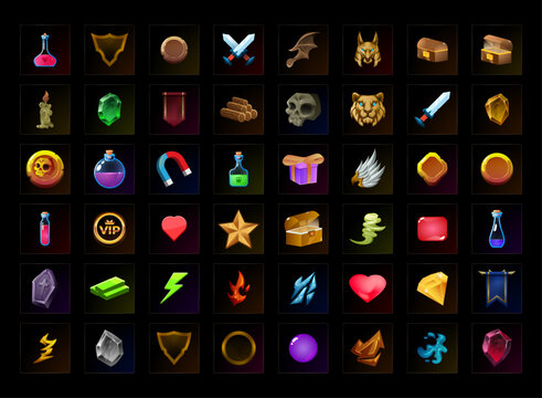 Fantasy RPG game icon collection featuring potions, shields, swords, chests, gems, banners, animal emblems, magic items, and collectible UI assets.