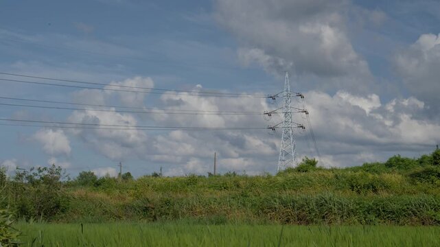 High Voltage Power Tower and Electricity Lines Over Green Rice Paddy Field and Summer Sky in Nonsan, South Korea