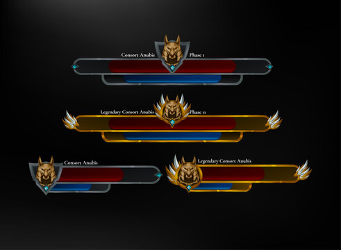 Fantasy RPG boss health bar UI set featuring gold and silver frames, red and blue status bars, character emblems, and multi phase boss battle interface elements.