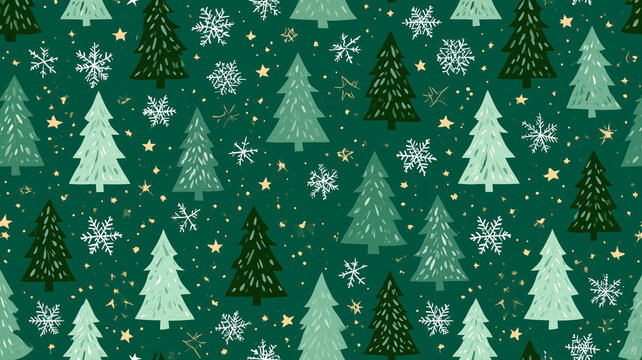 Christmas seamless pattern with handdrawn fir trees and snowflakes