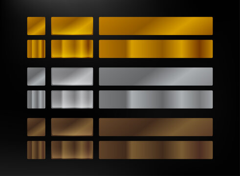 Metallic gold, silver, and bronze gradient texture set featuring glossy rectangular panels and smooth reflective surfaces for game UI, luxury backgrounds, and graphic design.