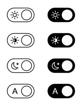 dark mode and night mode toggle switch icons for website, app, interface, theme, brightness and accessibility designs.