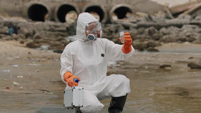 Scientist in full gear samples muddy water. Wet ground, broken pipes, and debris surround. Orange gloves, mask, and boots cover every inch