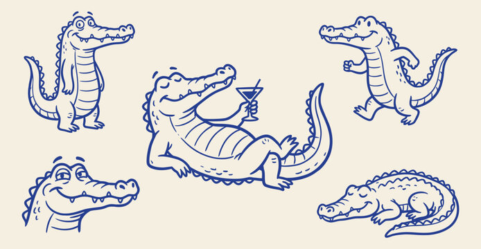 Cute alligators and crocodiles collection outline vector illustration with funny reptiles in various poses