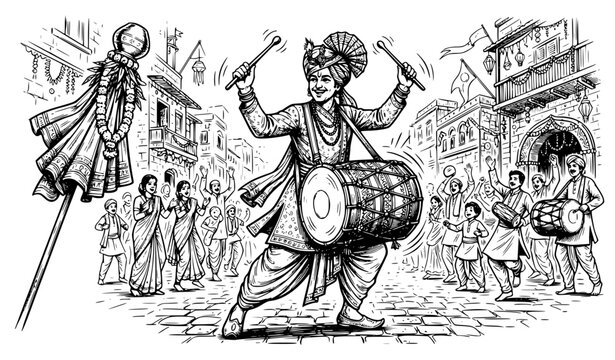 Maharashtrian Dhol Drummer and Gudhi Padwa Traditional New Year Celebration Illustration