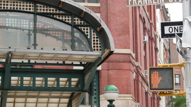 New York City old subway entrance, Franklin street and West Broadway, United States. American underground transport, Lower Manhattan Tribeca traffic. Metropolitan historic retro station, cast iron