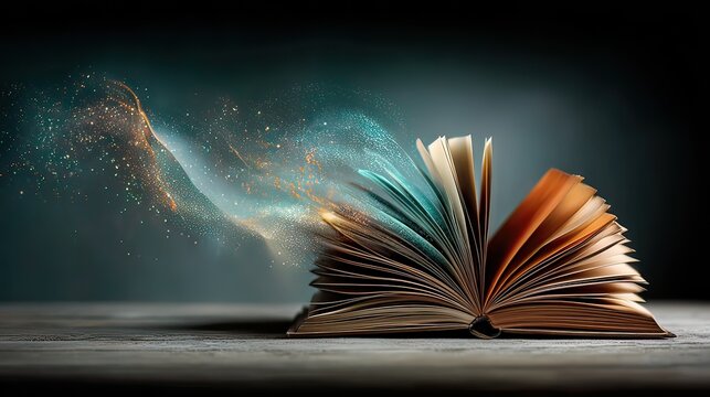 Magical Book with Bright Colors and Swirls of Light Emanating from Pages on Dark Background