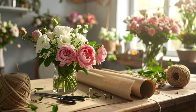 Ramo de flores rosas y blancas con papel y cuerda sobre mesa