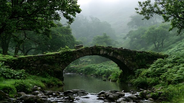 Ancient stone bridge over a misty forest stream.
