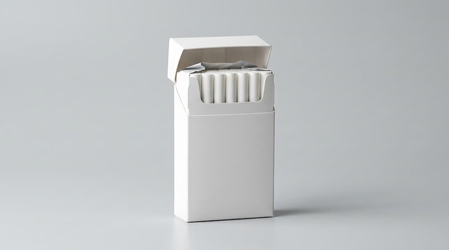 White cigarette box mockup on a plain gray background with cigarette pack